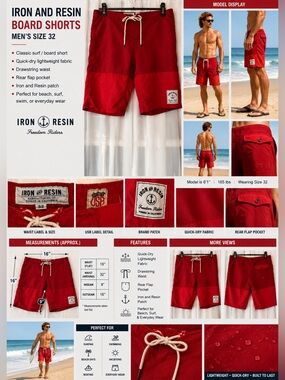Iron and Resin Red Board Shorts Size 32 Swim Trunks Surf Beach Drawstring